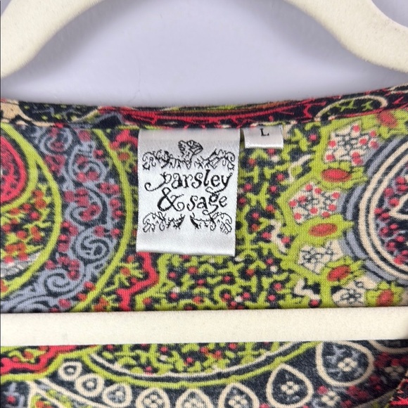 Parsley & Sage Asymmetrical Design Black & Green Blouse with 3/4 Sleeves Size L - Picture 3 of 8